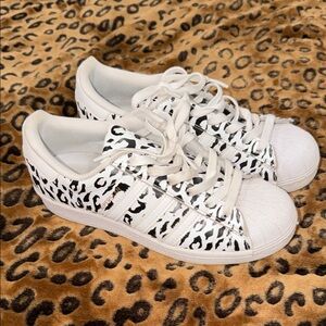 Adidas White Sneakers with Black Leopard Print